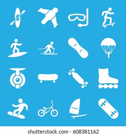 Extreme icons set. set of 16 extreme filled icons such as skiing, snowboard, skate board, snow board, windsurfing, bicycle, rowing, aqualung, surfing, skateboard, spy camera