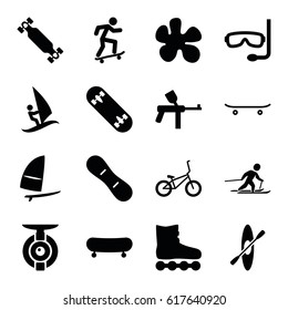 Extreme icons set. set of 16 extreme filled icons such as skiing, skateboard, skate board, snow board, windsurfing, bicycle, rowing, aqualung, surfing, spy camera, paintball