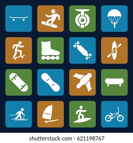 Extreme icons set. set of 16 extreme filled icons such as skiing, snowboard, skateboard, skate board, snow board, windsurfing, bicycle, rowing, surfing, spy camera