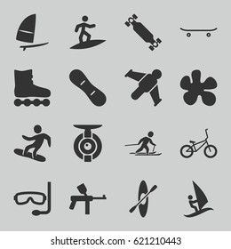 Extreme Icons Set. Set Of 16 Extreme Filled Icons Such As Skiing, Snowboard, Skateboard, Snow Board, Skate Board, Windsurfing, Bicycle, Rowing, Aqualung, Surfing, Spy Camera