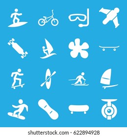 Extreme icons set. set of 16 extreme filled icons such as skiing, snowboard, skateboard, snow board, skate board, windsurfing, bicycle, rowing, aqualung, surfing, spy camera