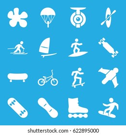 Extreme icons set. set of 16 extreme filled icons such as skiing, snowboard, skate board, snow board, windsurfing, bicycle, rowing, surfing, skateboard, spy camera