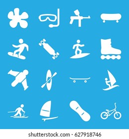 Extreme icons set. set of 16 extreme filled icons such as skiing, snowboard, skateboard, snow board, skate board, windsurfing, bicycle, rowing, aqualung, surfing, hang glider