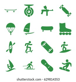 Extreme icons set. set of 16 extreme filled icons such as skiing, snowboard, skateboard, skate board, snow board, windsurfing, rowing, surfing, spy camera, paintball
