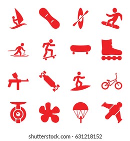 Extreme icons set. set of 16 extreme filled icons such as skiing, snowboard, snow board, skate board, bicycle, rowing, surfing, skateboard, spy camera, hang glider, paintball