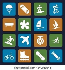 Extreme icons set. set of 16 extreme filled icons such as skiing, snowboard, skate board, snow board, windsurfing, bicycle, surfing, skateboard, spy camera, hang glider