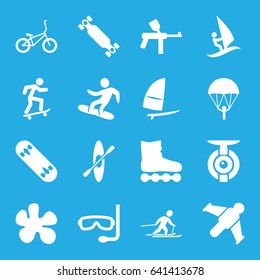 Extreme icons set. set of 16 extreme filled icons such as skiing, snowboard, skate board, windsurfing, bicycle, rowing, aqualung, surfing, skateboard, spy camera, hang glider