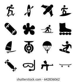 Extreme icons set. set of 16 extreme filled icons such as skiing, snowboard, skateboard, skate board, windsurfing, rowing, aqualung, surfing, spy camera, hang glider