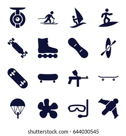 Extreme icons set. set of 16 extreme filled icons such as skiing, skateboard, skate board, snow board, rowing, aqualung, surfing, spy camera, hang glider, paintball, parachute