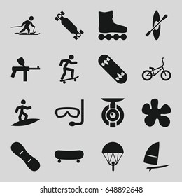 Extreme icons set. set of 16 extreme filled icons such as skiing, skate board, snow board, windsurfing, bicycle, rowing, aqualung, surfing, skateboard, spy camera, paintball