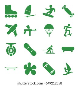 Extreme icons set. set of 16 extreme filled icons such as skiing, snowboard, skateboard, skate board, snow board, windsurfing, surfing, spy camera, hang glider, paintball