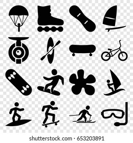Extreme icons set. set of 16 extreme filled icons such as skiing, snowboard, skate board, snow board, windsurfing, bicycle, rowing, aqualung, surfing, skateboard, spy camera