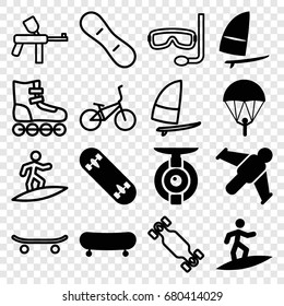 Extreme icons set. set of 16 extreme filled and outline icons such as skate board, windsurfing, surfing, spy camera, hang glider, aqualung, skateboard, snow board, bicycle