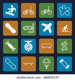 Extreme icons set. set of 16 extreme filled and outline icons such as skiing, snowboard, skateboard, snow board, skate board, bicycle, spy camera, hang glider, aqualung