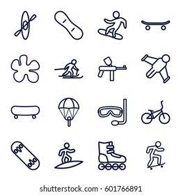 extreme icons set. Set of 16 extreme outline icons such as aqualung, surfing, skateboard, skiing, snowboard, skate board, snow board, bicycle, rowing, hang glider