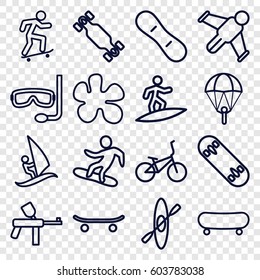 Extreme icons set. set of 16 extreme outline icons such as aqualung, surfing, skateboard, snowboard, skate board, snow board, bicycle, rowing, hang glider, paintball