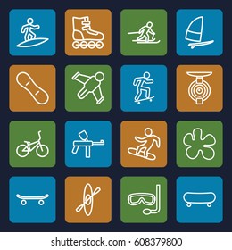 Extreme icons set. set of 16 extreme outline icons such as aqualung, surfing, skateboard, spy camera, skiing, snowboard, snow board, windsurfing, bicycle, rowing, hang glider