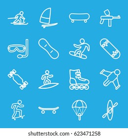 Extreme icons set. set of 16 extreme outline icons such as aqualung, surfing, skateboard, skiing, snowboard, skate board, snow board, windsurfing, rowing, hang glider