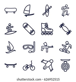 Extreme icons set. set of 16 extreme outline icons such as aqualung, surfing, skateboard, spy camera, snowboard, skate board, windsurfing, bicycle, rowing, hang glider