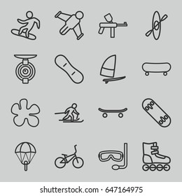 Extreme icons set. set of 16 extreme outline icons such as aqualung, spy camera, skiing, snowboard, skateboard, skate board, snow board, windsurfing, bicycle, rowing