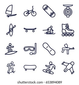 Extreme icons set. set of 16 extreme outline icons such as aqualung, surfing, skateboard, spy camera, skiing, snowboard, skate board, snow board, windsurfing, bicycle, rowing