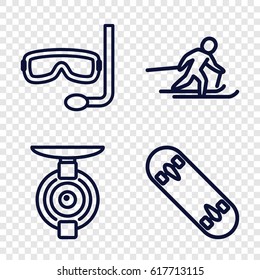 Extreme icons set. set of 4 extreme outline icons such as aqualung, spy camera, skiing
