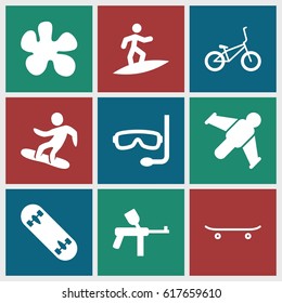 Extreme icons set. set of 9 extreme filled icons such as snowboard, skateboard, skate board, bicycle, aqualung, surfing, hang glider