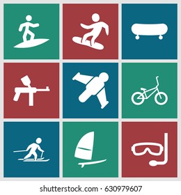 Extreme icons set. set of 9 extreme filled icons such as skiing, snowboard, windsurfing, bicycle, aqualung, surfing, hang glider, paintball