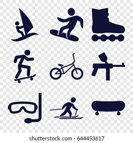 Extreme icons set. set of 9 extreme filled icons such as skiing, snowboard, bicycle, aqualung, surfing, skateboard, paintball, skate