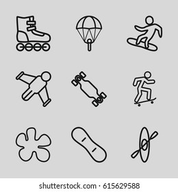 Extreme icons set. set of 9 extreme outline icons such as skateboard, snowboard, snow board, skate board, rowing, hang glider, roller skate, paintball