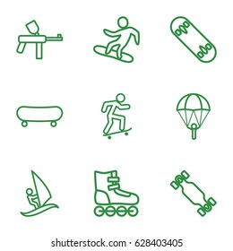 Extreme icons set. set of 9 extreme outline icons such as surfing, skateboard, snowboard, skate board, roller skate, paintball, parachute