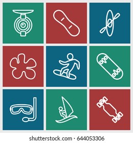 Extreme icons set. set of 9 extreme outline icons such as aqualung, surfing, spy camera, snowboard, skate board, snow board, rowing