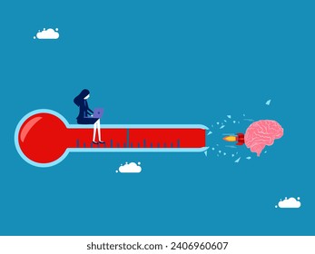 Extreme imagination. Businesswoman working with brain flying through thermometer 
