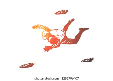 Extreme, jump, parachute, skydiving, fall concept. Hand drawn one person flying in sky concept sketch. Isolated vector illustration.