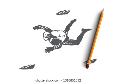 Extreme, jump, parachute, skydiving, fall concept. Hand drawn one person flying in sky concept sketch. Isolated vector illustration.