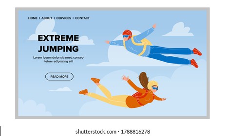 Extreme Jumping From Plane With Parachute Vector. Skydivers Man And Woman Couple Extreme Jumping From Airplane. Characters Jump Free Falling, Sport Activity Web Flat Cartoon Illustration