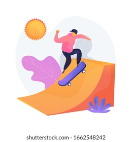 Extreme leisure, sportive entertainment. Outdoor activities, skateboarding hobby, active rest. Teenage skateboarder training in urban skateboard park. Vector isolated concept metaphor illustration