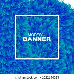 Extreme Liquid Wave magnification. Poster. Blue Hair Fur Shapes under the microscope with Square frame. Bacteria, Space for text. Colorful Dynamic Effect on white. Modern Template Banner.