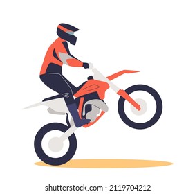 Extreme man rising sport motorbike. Motorcyclist doing tricks on motorcycle. Guy driving bike wearing protective clothes and helmet. Cartoon flat vector illustration