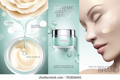 Extreme Moisture Serum Ads, Watering Cosmetic Product With Essence Dripping From Flower, Elegant Model With Cream On Her Face In 3d Illustration