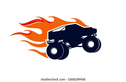 Extreme Monster Truck logo, Extreme Monster Truck with fire flame logo template