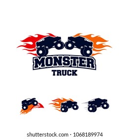 Extreme Monster Truck logo, Extreme Monster Truck with fire flame logo template