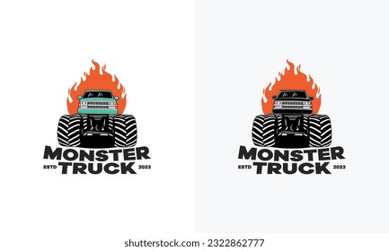 Extreme Monster Truck logo, Extreme Monster Truck with fire flame logo template