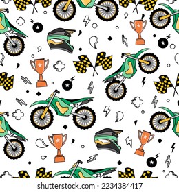 Extreme Motocross concept design pattern.Motocross and trophy cartoon pattern.Motocross pattern for kids clothing, printing, fabric ,cover.Monster car pattern.