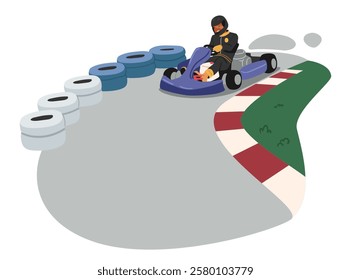 Extreme motor sports racer driving go-cart vehicle feeling excitement due to finishing first on road track vector illustration. Automotive speed racing competition, champion experience scene