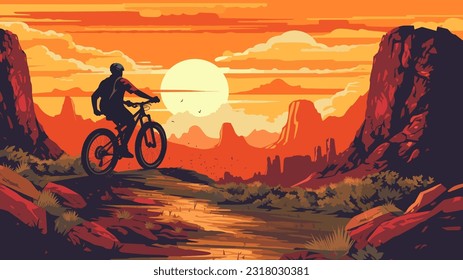 An extreme mountain biker enjoying a beautiful view of wild mountainous nature during sunset, vector poster illustration.
