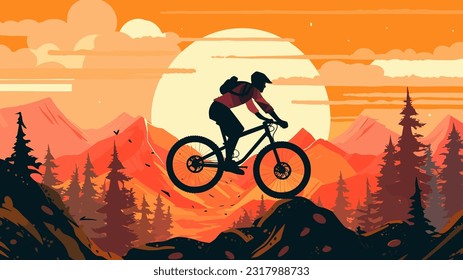 Extreme mountain biker jumping on rock hills, on a mountainous, beautiful wild nature background during sunset, vector illustration.