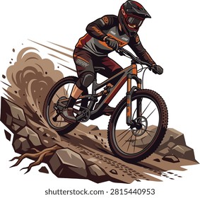 Extreme mountain biker riding down rocky trail in motion with mountain adventure outdoors downhill training exercise performance competition wilderness challenge professional