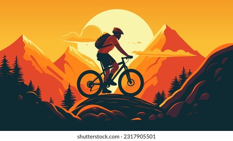 Extreme mountain biker riding on hills, on a mountainous, beautiful wild nature background during sunset. Bike adventure horizontal poster, vector illustration.