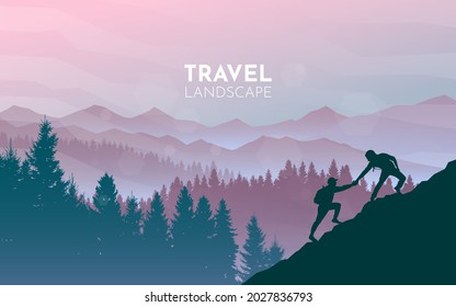 Extreme mountain climbing. Helping hand. Travel concept of discovering, exploring and observing nature. Hiking tourism. Adventure. Minimalist graphic flyer. Polygonal flat design. Vector illustration